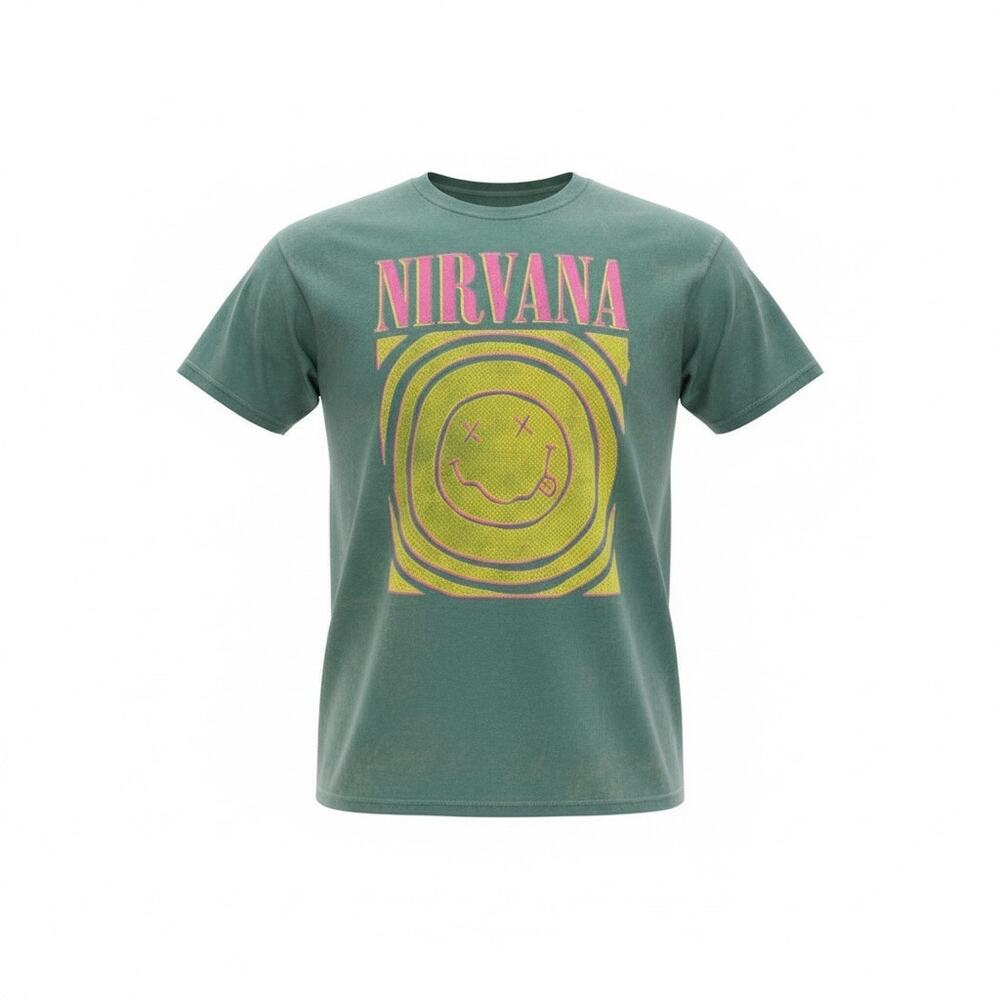 Nirvana Smiley Face Graphic T-Shirt Green Size M